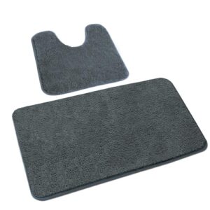 Rururug Badezimmer Teppich Set 2-teilig mit weichen Mikrofaser-Badematte und WC-Vorleger in Grau, rutschfeste Badmatte fürs Badezimmer, Waschbarer Badvorleger im 50x80+50x40 cm-Format