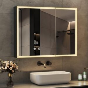 Spiegelschrank mit Beleuchtung, metallisch, LED-Beleuchtung, dimmbar, Beschlagfrei, Steckdose, Verstellbare Glasablage, Badezimmer, Badmöbel
