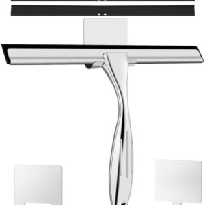 Hochwertiger Duschabzieher aus Edelstahl mit flexibler Silikonklinge für effektive Reinigung von Glasflächen, ergonomisch geformt und komfortabel zu bedienen.
