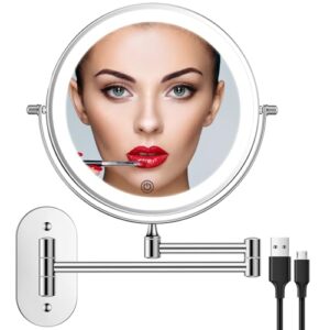 Wiederaufladbarer Kosmetikspiegel mit LED-Beleuchtung, 1X 10X Spiegel Vergrößerung Wandmontage, Dimmbarer Rasierspiegel 3 Farben, Touchscreen, 360° Drehbar, Schminkspiegel für Badezimmer