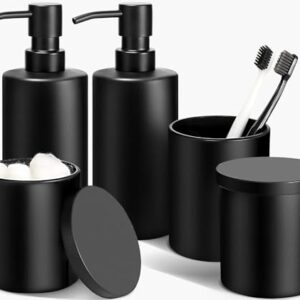 GMISUN Seifenspender Zahnputzbecher Set, praktischer Badezimmer Organizer mit 2 Seifenspendern, einem Zahnputzbecher und 2 Wattestäbchenhaltern aus Glas in Schwarz