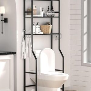 Metallisches 3-Tier Regal für Badezimmer, über Toilette stehend, mit 4 Haken und schwarzem Design
