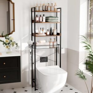 Badezimmerregal mit 4 Ebenen und verstellbarer Konstruktion, rustikale braune Holzmaserung und Metallrahmen, Aufbewahrungskörbe für Haartrockner, Toilettenpapierhalter und Haken
