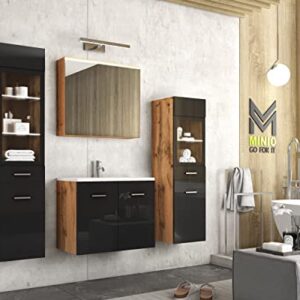 Badezimmermöbel Set Marit 2 mit LED-Beleuchtung, Wandspiegelschrank und Schrank mit Waschbecken in Eiche/Schwarz Hochglanz-Farbe