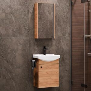 Planetmöbel Badmöbel Set mit Waschtisch und Spiegelschrank für Badezimmer, Gäste WC & Bad aus hochwertiger Gold Eiche. Perfektes Möbelset für kleine Räume.