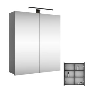 Badschrank mit Spiegel und LED-Beleuchtung, matt-schwarz, anthrazit-farbige Einlegeboxen
