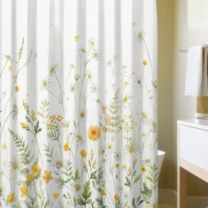 Gelber Duschvorhang mit Blumenmuster, Wasserabweisend und Waschbar, Polyester Badevorhänge mit 12 Ösen und Duschrollo für Badewanne