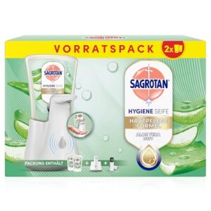 Automatischer Seifenspender Weiss mit Nachfüllern Aloe Vera und Flüssigseife, hygienisch und umweltfreundlich