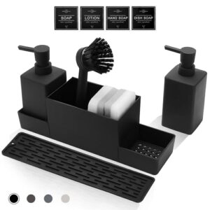 CAUTIOUS 350ML Spülbecken Organizer mit Bürste, Seifenspender Spülschwamm, Küche Spülmittelspender Set aus Kunststoff, Spülorganizer mit Zwei Seifenspender, Küchengadget Organizer (schwarz)
