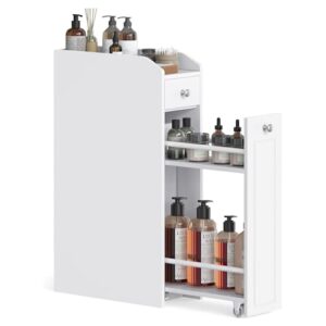 VASAGLE Badezimmerschrank klein, weiß, für kleine Räume, schmal, stehend, mit Schubladen und Aufbewahrung für Toilettenpapier