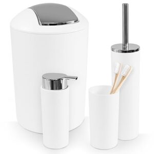 Badezimmerzubehör Set mit Seifenspender, Zahnputzbecher, Toilettenbürste und Kosmetikeimer in Weiß