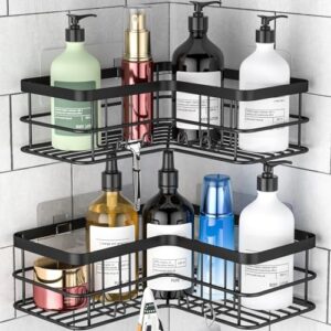 Duschregal Ecke mit Haken, Duschablage Edelstahl für Badezimmer und Küche ohne Bohren, einfache Installation mit Kleber, ideal für Shampoo, Conditioner und Duschgel