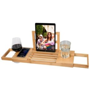 Verstellbarer Bambus-Holzbrett für die Badewanne, ideal für Bücher oder Tablet-Halten während des Badens, inklusive Becherhalter