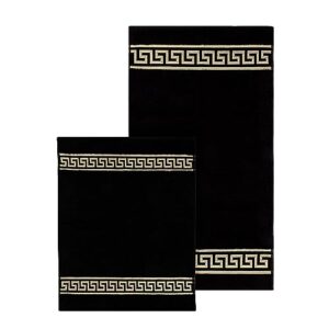 Badematte mit griechischem Mäander-Muster in Schwarz und Gold, 100% Baumwolle, rutschfest, waschbar, Fussbodenheizung, 2er Set