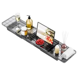Badewannenablage Schwarz, Ausziehbar Badewannentablett Kunststoff, Badewanne Ablagebrett mit Buchablage, Badewannentisch Verstellbar, Bathtub Tray Waterproof, Badewannen Zubehör (schwarz)