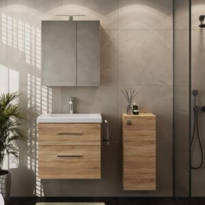 Badezimmer-Set aus Sonoma Eiche mit LED-Leuchte und Spiegelschrank für ein modernes Badezimmer