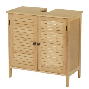 Bambus-Waschbeckenunterschrank mit 2 Lamellentüren und verstellbarer Ablage, perfekt für Badezimmer und Waschtisch.