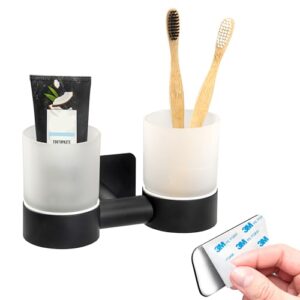 Becherhalter aus Glas und Edelstahl für das Bad, selbstklebend und ohne Bohren, perfect für Zahnbürsten und Utensilien