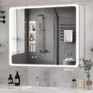 Buildonely Spiegelschrank Bad mit LED Beleuchtung, Badezimmer Spiegelschrank mit Antibeschlag-Funktion, 2 Türen für Badezimmer, Touchscreen-Steuerung, 80 x 70 cm