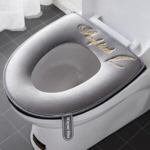 2 Stück dickere Badezimmer-Toilettensitzbezüge mit Griff, WC-Deckelbezug, Kissen, weich, dicker, waschbar, passend für alle ovalen WC-Sitze, grau