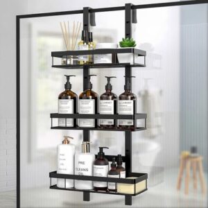 Duschablage zum Hängen, Badezimmer Organizer mit 3 Duschkörben und Shampoo Halterung für Dusche, ohne Bohren, Schwarz, 3-Layer