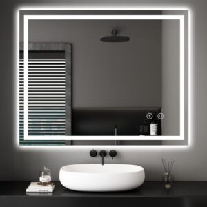 Dripex Badspiegel mit moderner LED-Beleuchtung und Touch-Schalter. Der Spiegel ist dimmbar und hat drei Lichtfarben (Warmweiß, Neutralweiß und Kaltweiß). Er verfügt auch über eine Anti-Beschlag-Funktion.