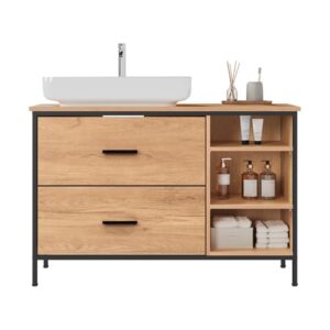 EUGAD Waschbeckenunterschrank, Badezimmerschrank mit 2 Schubladen und 3 offenen Fächern, ideal für Waschbecken ohne Säulen geeignet, robuste Konstruktion aus E1-Holzwerkstoff und lackierten Eisenrohren