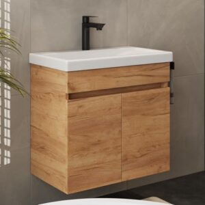 Planetmöbel Waschbecken mit Unterschrank, Keramikwaschbecken und modernes Badmöbel Set in Gold-Eiche Farbe