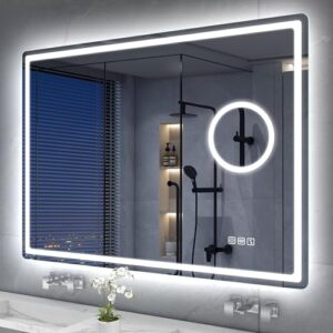 Badezimmerspiegel mit Beleuchtung und 5-fach-Lupe, Entfoggen, 3000K/4000K/6500K, Dimmbar, Speicher, HD-gehärtetes Glas, IP44 LED Badspiegel