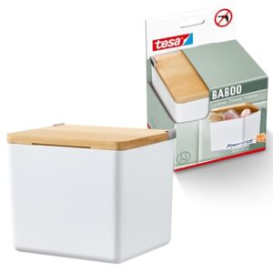 tesa Baboo Badorganizer S mit Bambus-Deckel, matt-weiß - Bad-Aufbewahrungsbox zur Wandmontage ohne Bohren, inkl. tesa Powerstrips Waterproof Strips XL