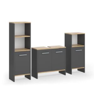 Vicco Badmöbel-Set Karli in Anthrazit/Goldkraft Eiche, 3-teiliges Badezimmer-Möbelset mit Waschbeckenunterfach, Mittelschrank hoch und Mittelschrank klein.