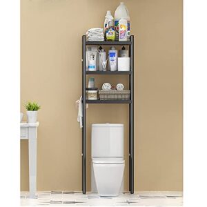 WPT Toilettenregal 3 Ebenen, Edelstahl WC Regal über die Toilette, 50cm breit, freistehendes Waschmaschinenregal mit Haken, hochbezogene Toilettenregale für ein industriellen Stil, schwarz