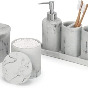 Badezimmer-Set mit Zahnbürstenhalter, Seifenspender und Kosmetik-Schale in Marmor-Optik für stilvolle Badezimmergestaltung
