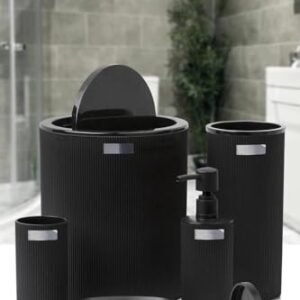 Badezimmer Zubehör Rund Badezimmer Set Luxus Modern Bad Set mit Zahnbürstenhalter, Becher, Toilettenbürste, Seifenschale und Mülleimer in Schwarz