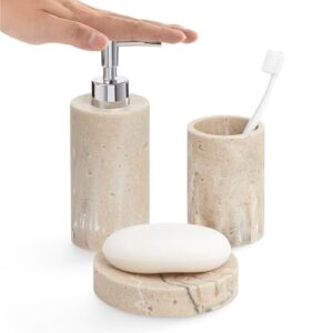 Badezimmer Set mit Seifenspender, Zahnputzbecher und Marmordesign für ein elegantes Badezimmer