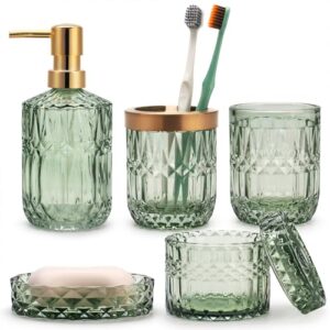 IVAILEX 5 Stück Grünes Glas Badezimmer Zubehör Set, modernes Vintage Design für ein angenehmes Gefühl und effektive Rutschfestigkeit, Premium-Material und hohe Qualität