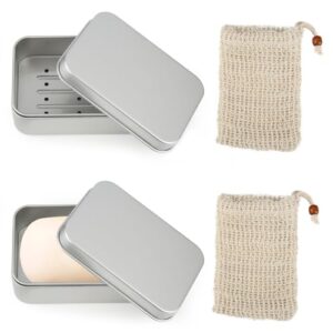 Zwei Seifenschalen aus Aluminium mit je zwei händlichen Seifennetzen, perfekt für Reisen und den Alltag zum Aufbewahren von festen Seifen und Shampoos