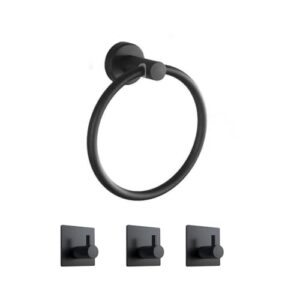 4-teiliges Set aus mattschwarzem Edelstahl mit Handtuchring und 3 Bademantel-Handtuchhaken für ein modernes Badezimmer