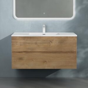 Badmöbel-Set mit Waschbecken und Unterschrank in Kerneiche für Badezimmer, Aqualis-Mineralguss-Waschbecken, 100x48x50 cm