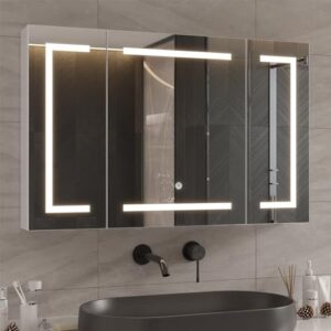 Metallischer Spiegelschrank für das Badezimmer mit LED-Beleuchtung und Steckdose, großes Regal und drei Lichtfarben für individuelle Beleuchtung