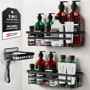 W&S Duschregal 3er Set - Duschablage Badablage ohne Bohren Edelstahl, 2 Regale + 1 Seifenablage, Rostfrei, Rutschfest, Badezimmer Shower Caddy Duschkorb mit Magic Sticker