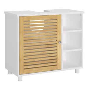 Badschrank mit Bambustüren, Waschbeckenunterschrank, 3 offene Fächer, viel Stauraum für Badezimmer