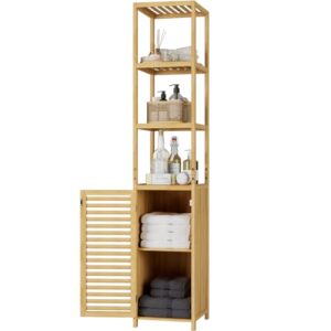 Schmaler Hochschrank aus Bambus für Bad oder Küche mit 3 Ablagen und Standregal, ideal für kleine Räume, hohe Qualität, lange Lebensdauer, praktische Details wie Kippschutz und Magnetverschluss