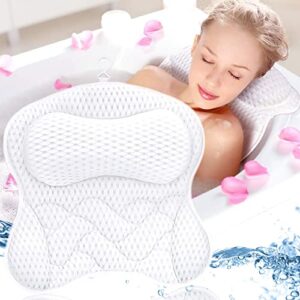 Ergonomisches Badewannenkissen mit 6 Saugnäpfen und 4D-Mesh für Kopf, Nacken und Rücken in Weiß.