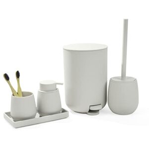 Badezimmer-Zubehör-Set, 5-teiliges Bad-Set mit Seifenspender, Zahnbürstenhalter, Schminktablett und Müllbeutel in Beige-Ton