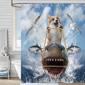 Cooler Hund reitender Hai Duschvorhänge Ozean Meer Wellen Möwe Fisch Blau Niedliche Kinder Jungen Badewanne Vorhang Wasserdicht Stoff Waschbar Badevorhang
