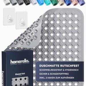Rutschfeste Duschmatte aus 100% BPA-freiem Material, inkl. 2 selbstklebenden Haken und optimaler Antirutsch-Spezialstruktur für eine sichere Duscheinlage.