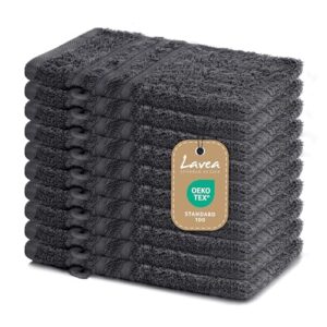 Lavea 10er Set Waschhandschuhe aus 100% Baumwolle, saugstark und weich, für Gesichtsreinigung und Körperpflege geeignet, Anthrazit