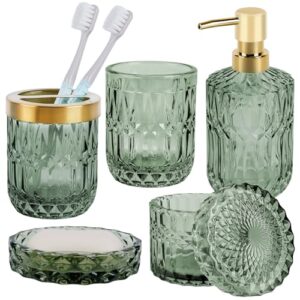 Badezimmer Zubehör Set aus Glas - Grüner Seifenspender, Seifenschale, Zahnbürstenhalter und Becher