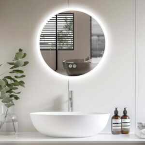 Badespiegel mit Beleuchtung, 60cm Runder Badspiegel mit Touch-Schalter, 3 Lichtfarben Dimmbar, Badezimmerspiegel